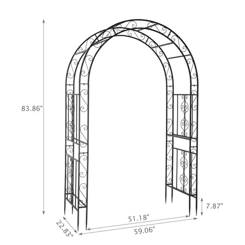 Built Tough 7Ft Steel Garden Arbor With Side Trellis Rust Resistant Powder Coated Archway For Backyard Weddings And Outdoor Decor Includes Ground Stakes Easy Assembly, dimensions displayed