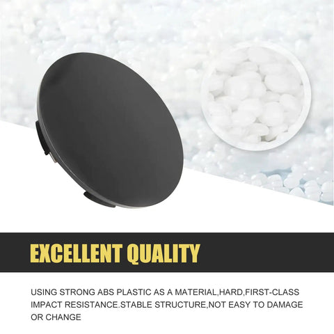 4 Pack Universal Car Wheel Center Caps Sixty Millimeter Outer Diameter Fifty Six Millimeter Inner Bore Tough As Nails ABS Plastic Snap On Rim Hub Caps showing strong black cap design.