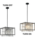 Dope Modern Black Crystal Foyer Pendant Chandelier With Square Metal Frame Adjustable Height Entryway Light Fixture For Dining Rooms And Kitchen Islands 15.74 In By 9.84 In, shown on and off