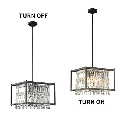 Dope Modern Black Crystal Foyer Pendant Chandelier With Square Metal Frame Adjustable Height Entryway Light Fixture For Dining Rooms And Kitchen Islands 15.74 In By 9.84 In, shown on and off