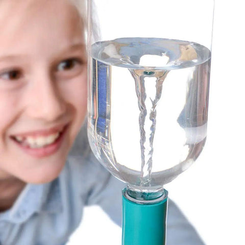 Child observing a water vortex in a plastic bottle using Kid Friendly Tornado Bottle Connector Kit 20 Pieces Plastic Vortex Tubes.