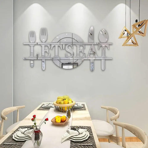 Lets Eat Wall Decor Sign In Silver Acrylic Mirror Letters For Kitchen Or Dining Room Reflective Wall Decal With Knife Spoon Fork Motif