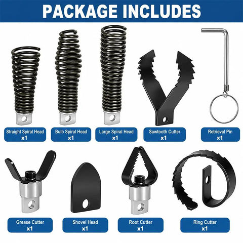 Image of Badass 8 Piece Drain Cutter Head Set Swaps Directly to VEVOR 75ft Manual Feed Snake Auger Tool components including various heads.