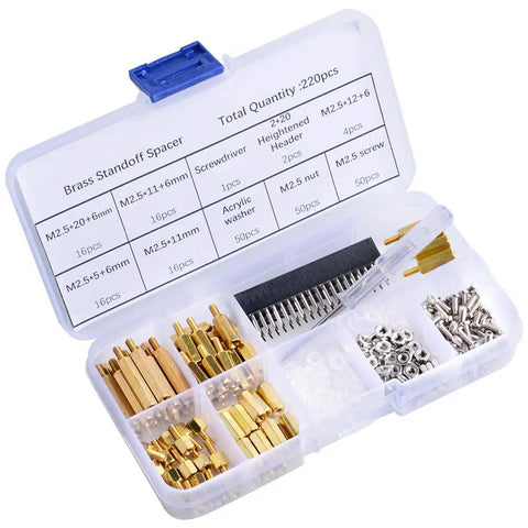 All In One M2.5 Brass Standoff Kit With Box For Raspberry Pi Includes 220 Pcs Hex Spacers Nuts Screws Acrylic Washers Male And Female Hardware And Screwdriver