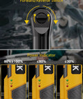 Extended Three Eighths Inch Cordless Ratchet Wrench 12V Power Tool showing forward/reverse switch and battery power indicator