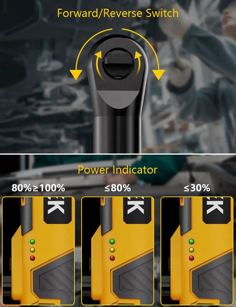 Extended Three Eighths Inch Cordless Ratchet Wrench 12V Power Tool showing forward/reverse switch and battery power indicator