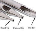Pro Grade Stainless Steel Tattoo Tip Kit Set 22pc Assorted Round Diamond Magnum DT RT FT Tubes shown with labeled tips