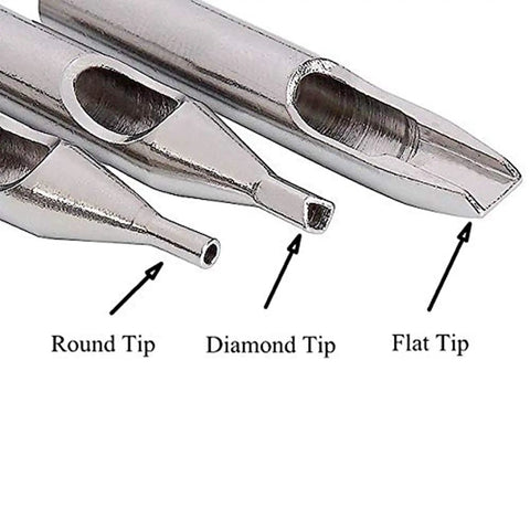 Pro Grade Stainless Steel Tattoo Tip Kit Set 22pc Assorted Round Diamond Magnum DT RT FT Tubes shown with labeled tips