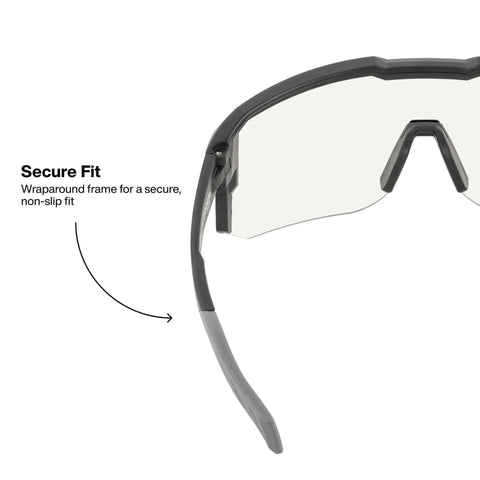 Heavy Duty Safety Glasses With Anti Fog Scratch Resistant Lenses showing wraparound frame for secure, non-slip fit.