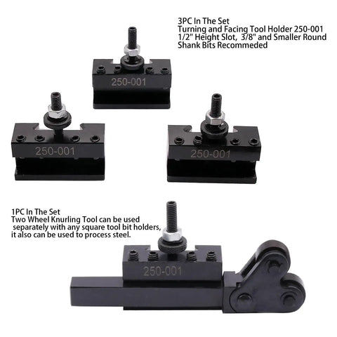 Wedge Type Quick Change Tool Post Set for Mini Lathe 6 to 9 Inch Swing with 250001 tool holders and knurling tool shown
