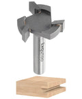 One Quarter Inch Shank One Inch Cutting Diameter T Shape CNC Spoilboard Surfacing Router Bit For Bottom Cleaning And Wood Milling Planing Tool Pro Grade Carbide Mortising Router Bit Long Lasting, front view with wooden surface example.