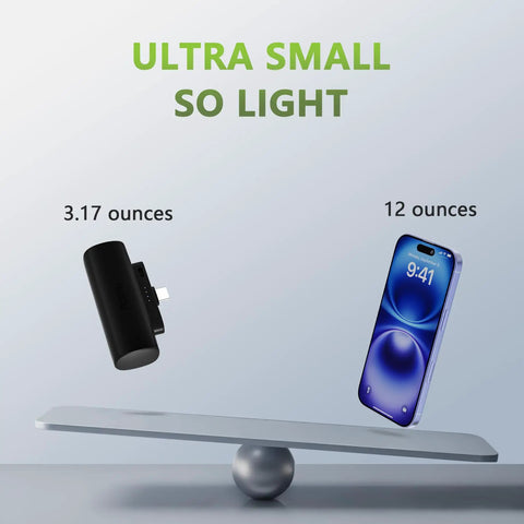 Grab And Go Mini Portable Charger Packing Sleek Built In Usb C Cable Plug Right Into Device No Tangled Cords To Deal With Pocket Sized Power Bank next to smartphone for size comparison.