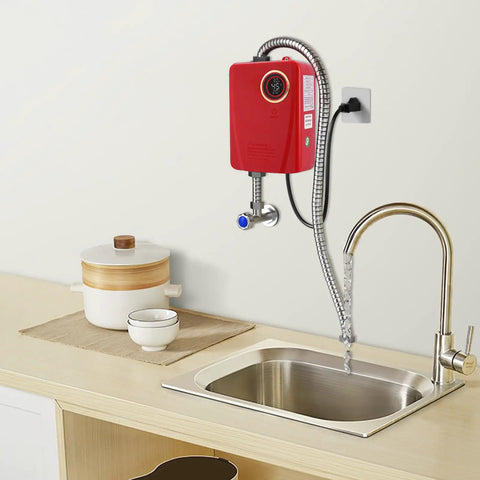 Sleek Red Instant Tankless Electric Water Heater, 3000W On Demand Wall Mount Unit above stainless steel sink.