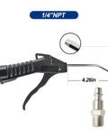 High Flow Pistol Grip Air Blow Gun with 1/4 Inch Nickel Plated Iron Air Plug for Air Compressors, front view with measurements.