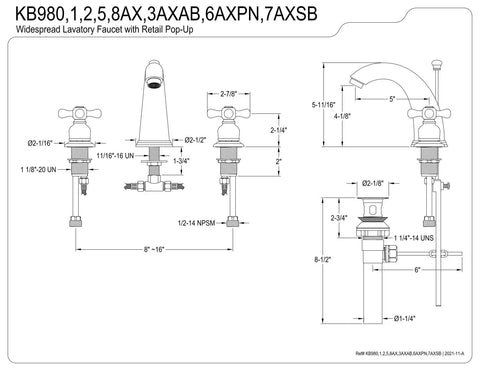 Technical drawing of Victorian Widespread Bathroom Faucet in Matte Black, showing dimensions and deck mount installation layout.