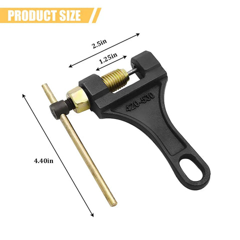 Beefy Heavy Duty Motorcycle And Bicycle Chain Breaker Tool, cast iron with dimensions; 4.40in length, 2.5in width.