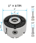 Front view of nickel-plated 4-inch wood lathe chuck, 1-inch x 8 TPI, self-centering 4-jaw with 5 jaws
