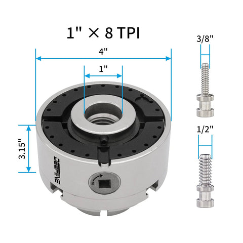 Front view of nickel-plated 4-inch wood lathe chuck, 1-inch x 8 TPI, self-centering 4-jaw with 5 jaws