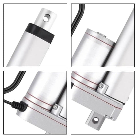 Close-up of Built Like A Tank 12V Linear Actuator With Self Locking Motor and Mounting Bracket, showcasing aluminum design details.