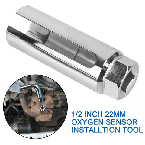 Top Tier Offset Oxygen Sensor Socket 7/8 Inch And 22 Millimeter With Wire Gate Access For Quick Side Reach Universal Car Fix Tool showing chrome vanadium steel material.