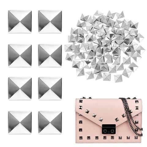 Silver pyramid flat-back studs, 200pcs for leathercraft; pile of studs and a pink bag decorated.