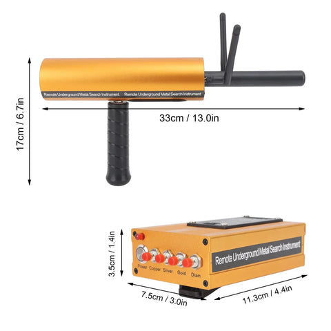 Pro Grade Metal Detector With 1000m Range And 20m Depth Dual Antenna Handheld Treasure Finder, showing size and specs.