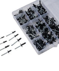 200 Piece Black Aluminum Blind Rivet Kit With Storage Case, Your Go To Auto And Furniture Repair Rivet Set, 8mm To 18mm Size Range, Durable Aluminum Alloy Construction, Handy Quick Fix For Projects, assorted black aluminum blind rivets in storage case
