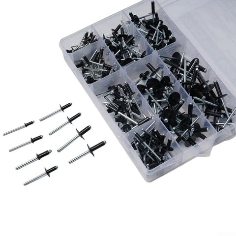 200 Piece Black Aluminum Blind Rivet Kit With Storage Case, Your Go To Auto And Furniture Repair Rivet Set, 8mm To 18mm Size Range, Durable Aluminum Alloy Construction, Handy Quick Fix For Projects, assorted black aluminum blind rivets in storage case