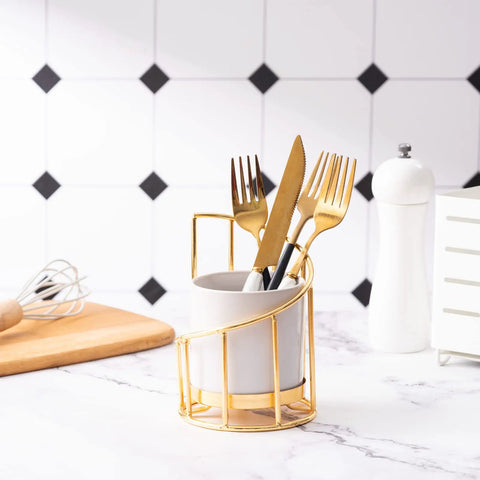 White And Gold Ceramic Pen Holder With Metal Frame For Desk Aesthetic Pencil Cup And Makeup Brush Organizer in kitchen setting