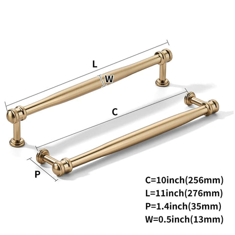 10 Pack 10 Inch Hole Center Cabinet Pulls in Champagne Bronze heavy duty kitchen cabinet handles showcasing dimensions.