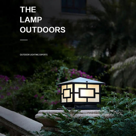 Outdoor Pillar Lights Modern Rustic Aluminum Post Lights IP65 Waterproof on stone fence in garden setting at night