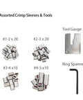 Assorted crimp sleeves with tool gauge and ring spanner from 4 Slot Crimping Swaging Tool Kit For Heavy Duty High Tensile Wires And Cables