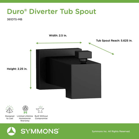 Duro Diverter Tub Spout Square Matte Black Pull Up Diverter Swaps Between Spout And Showerhead Five And Five Eighths Inch Length One Half Inch NPT Metal Construction Heavy Duty For Durability Easy Thread On Install A Great Bath Upgrade