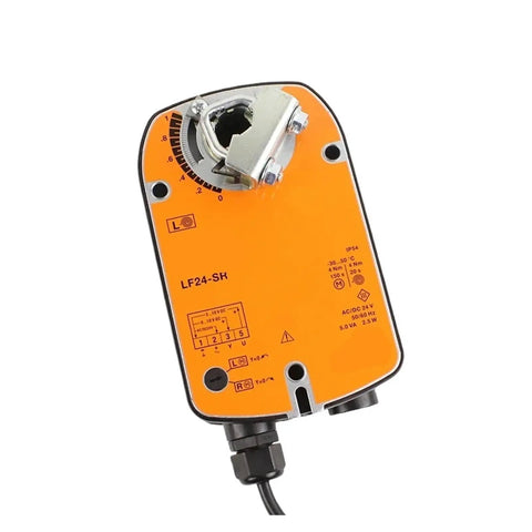 Heavy Duty 24 Volt Rotary Actuator Featuring A Fail Safe Shut Off For Hvac Ventilation Drives With 4 Nm Torque, top view showing connector and dials.