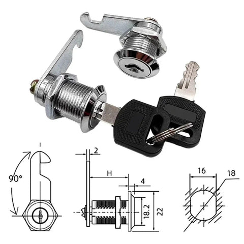 Heavy Duty Metal Cylinder Lock For Cabinets, Lockers, Drawers, And Mailboxes With Keys, Cam Lock Security with technical diagram