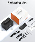 Plug And Play Heavy Lifter Four Bay Sata Storage Enclosure For 2.5 And 3.5 Inch Drives with accessories and package layout.