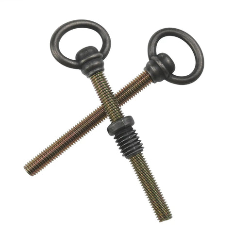 Four Pack M8 x 105mm Antique Brass Swivel Mirror Screws For Cabinets And Furniture, Zinc Alloy, Rust Proof And High Load Bearing, Tough As Nails, Smooth Quiet Operation, Easy Install, Durable Replacement Hardware. Two antique brass M8 x 105mm swivel mirror screws with ring heads on white background