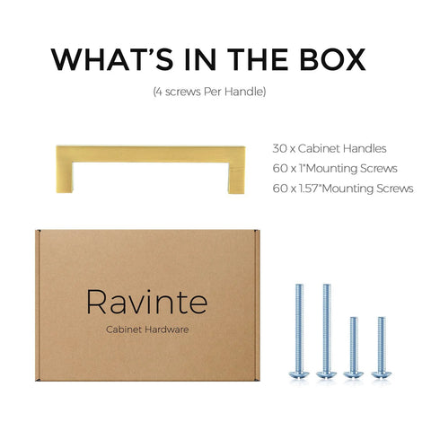 Packaging for 30 Pack 5 Inch Square Cabinet Handles In Brushed Brass Finish Stainless Steel Kitchen Hardware Pulls With 128mm Hole Center.