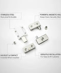 Magnetic Door Catch for Glass Doors and RV Cupboards, Stainless Steel Cabinet Hardware That Keeps Doors Secure and Flush, components shown