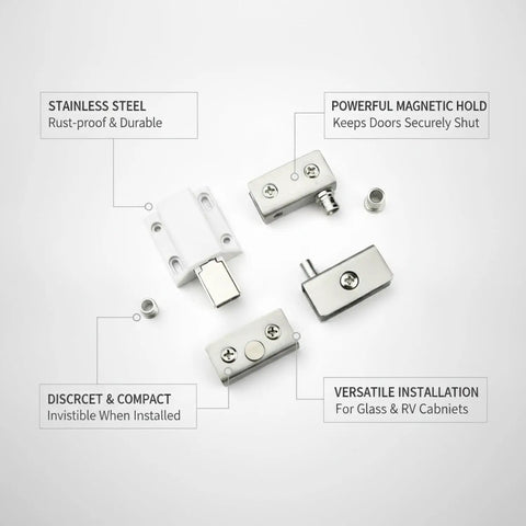 Magnetic Door Catch for Glass Doors and RV Cupboards, Stainless Steel Cabinet Hardware That Keeps Doors Secure and Flush, components shown