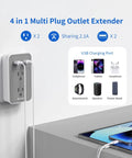 4 In 1 Outlet Extender With Phone Cradle, Dual AC Outlets And 3 USB Ports, shown on wall with charging devices