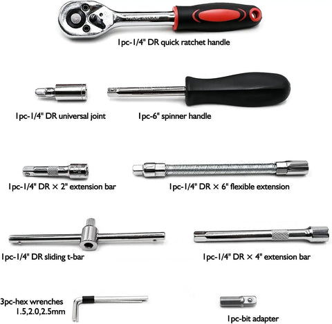 Heavy Duty 46 Piece Drive Socket Ratchet Wrench Set With One Quarter Inch Metric Hex Sockets, Bit Sockets, Extension Bars, Tool Kit