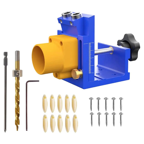 Plug And Play Pocket Hole Jig Drill Guide Fixture For Cabinet Assembly And Shelf Install With No Hassle Aluminum Body with drill bits and screws.