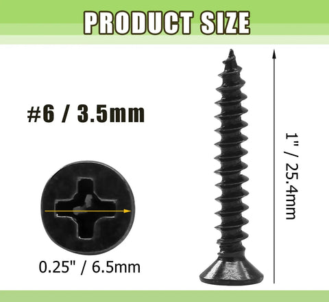 Product size image of Premium Grade Six Gauge X One Inch Black Wood Screws 120 Piece Pack Carbon Steel Construction.