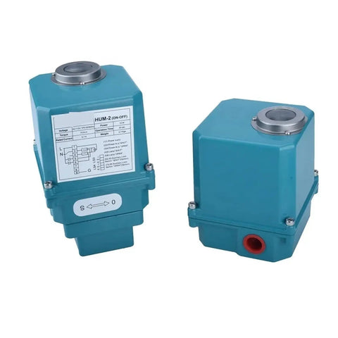 Compact 90 Degree Rotary DC Motorized Valve Actuator Featuring Dual 12V And 220V Plug And Play Power For Rock Solid Electric Gate Control Across Tight Plumbing Installations with blue casing.