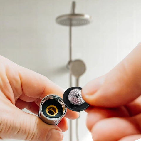 Installing 25 pcs stainless steel water filter hose washers with screen in shower inlet, showcasing durable gasket seals