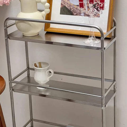 Slick Rolling Kitchen Island Trolley With Ample Storage Shelves And Quiet Locking Wheels For Mobile Coffee Bar Station with stainless steel shelves