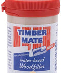 TimberMate White Oak Hardwood Wood Filler 8 Oz Jar For Interior Repairs with red cap and blue label, non-shrinking water-based filler.