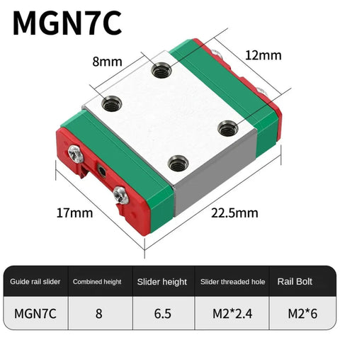 High Precision Linear Rail For 3D Printers And CNC Machines MGN7 MGN7C with measurements and specifications displayed