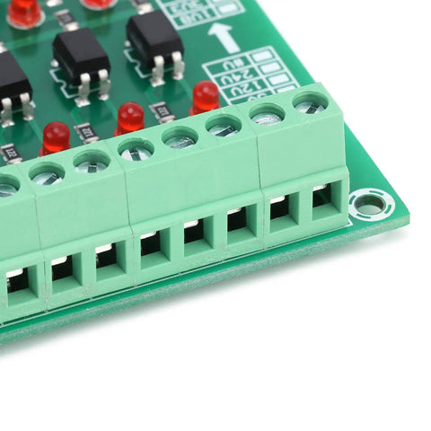 Close-up of connection terminals on 8 Channel Optocoupler PLC Data Converter Board With 20KHz Switching Frequency For Data Isolation And Level Conversion 12V To 3.3V Optical Isolation Module For Industrial Control And PLC Applications